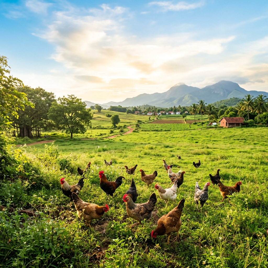 Farm Pasture with Free Range Chicken